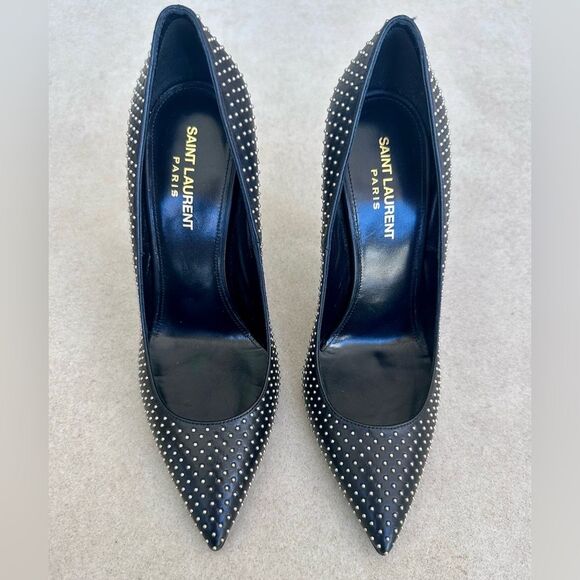 Saint Laurent Opyum 110 YSL Pumps Leather Studded Black High Heels EU 38 US 8 - Picture 10 of 11